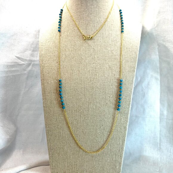 Gold Over Sterling Silver 925 Necklace w/ Turquoise Gold Bead Sections 36" Long - Picture 2 of 11